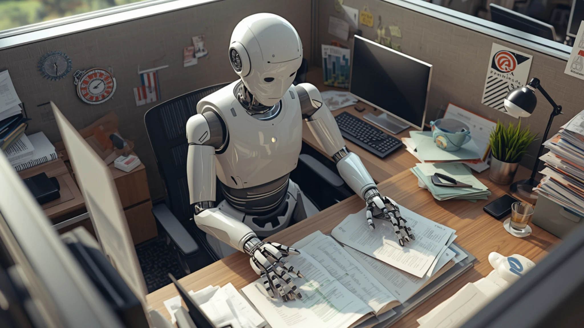 A-white-and-silver-AI-robot-pretending-to be-bookkeeper-at-a-desk-in-an-office-booth-processing-paperwork