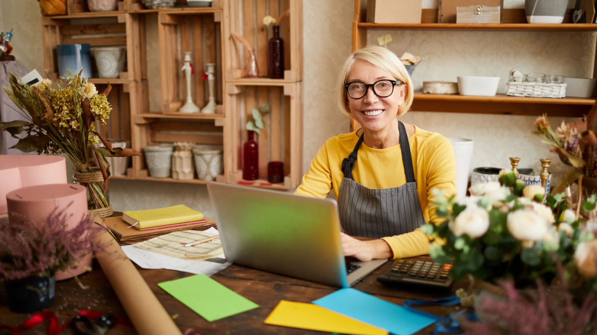 a-white-woman-with-short-hair-and-glasses-on-a-laptop-in-a-florist-sat-at-a-desk